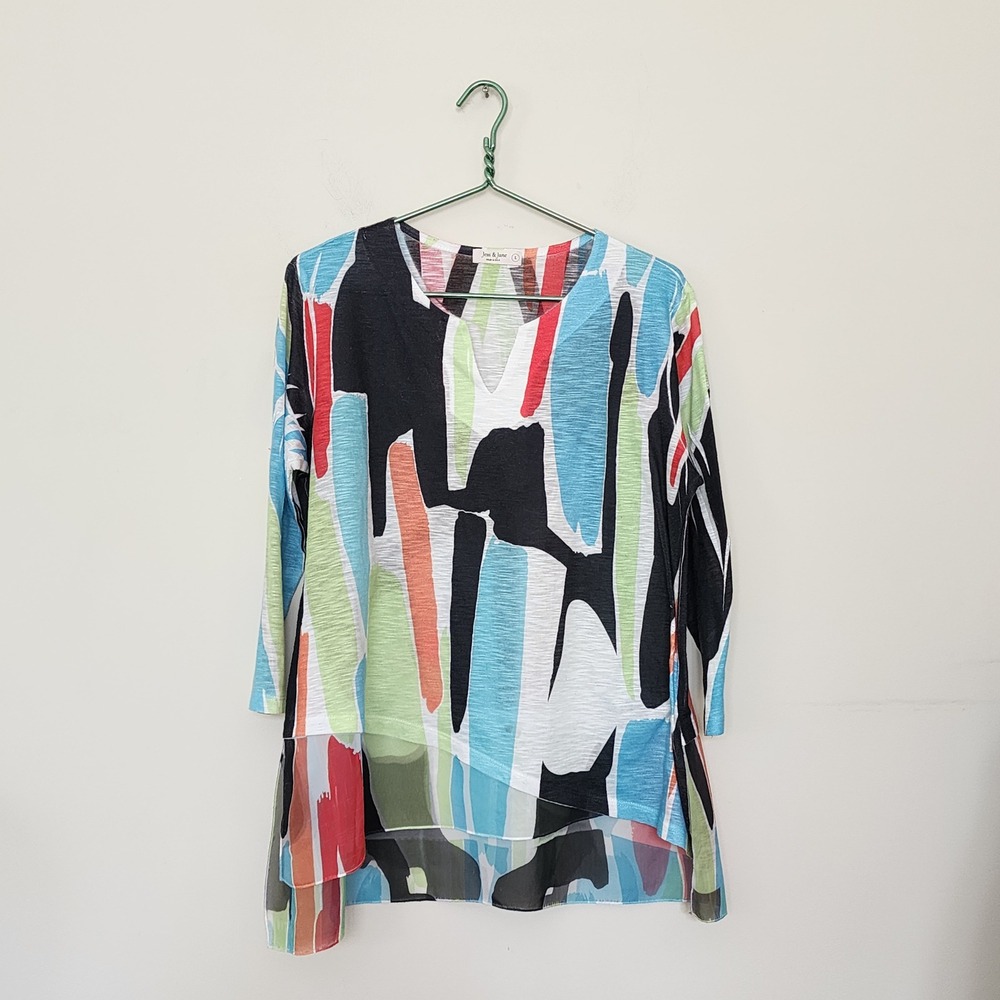 Jess & Jane Womens Abstract Brushstroke Tunic Top Made in USA L Boho Cottagecore